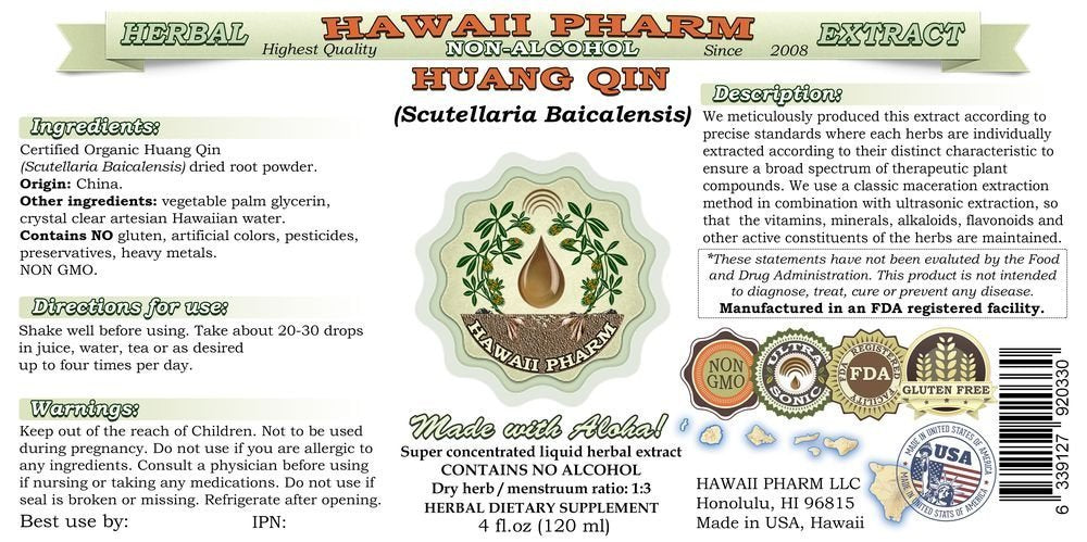 Hawaii Pharm Huang Qin botanical roots display, showcasing authentic glycerite for versatile daily use.