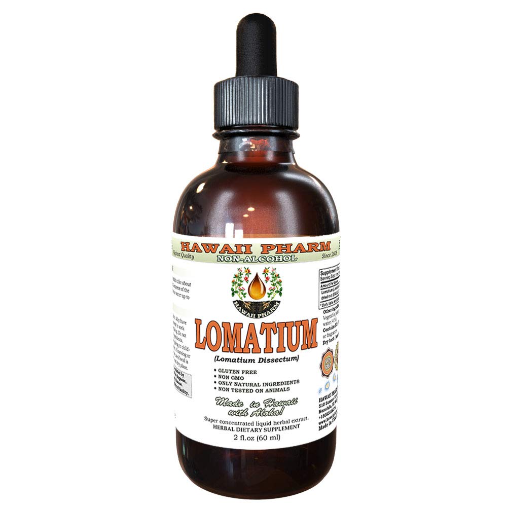 Hawaii Pharm Lomatium glycerite bottle front highlights a pure alcohol-free herbal extract.