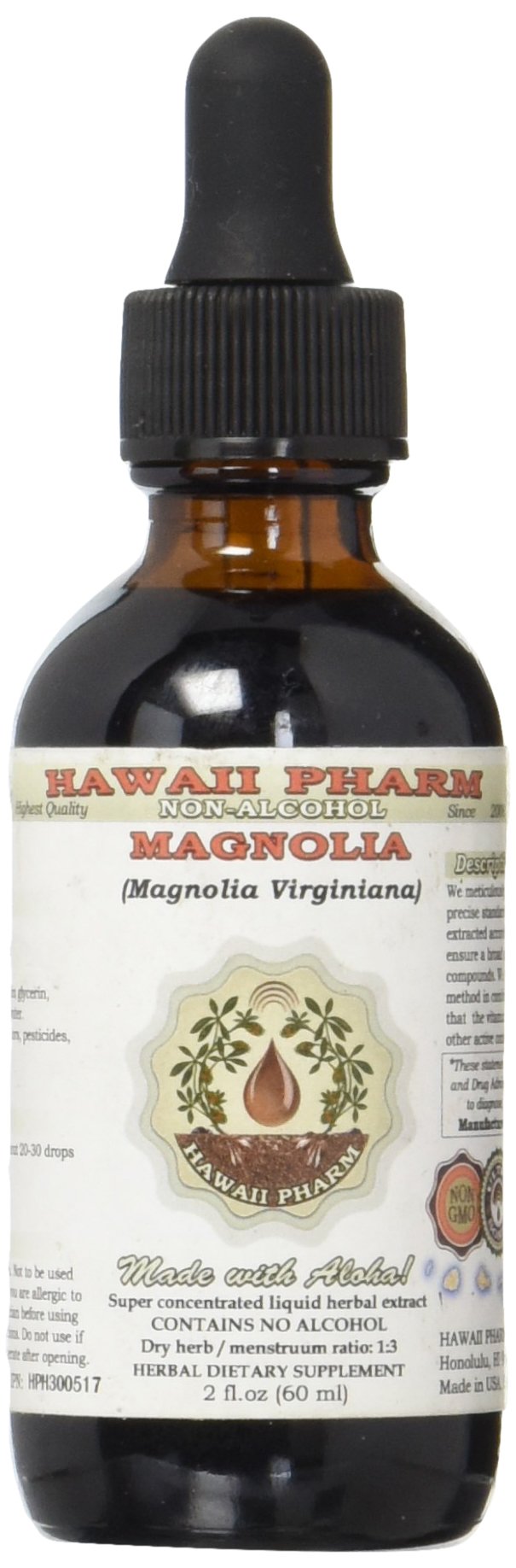 Hawaii Pharm Magnolia glycerite label emphasizes non-alcohol formulation and trusted brand.