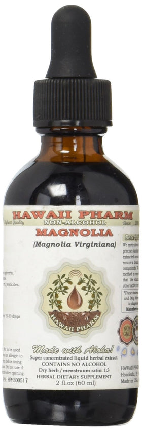 Hawaii Pharm Magnolia glycerite label emphasizes non-alcohol formulation and trusted brand.