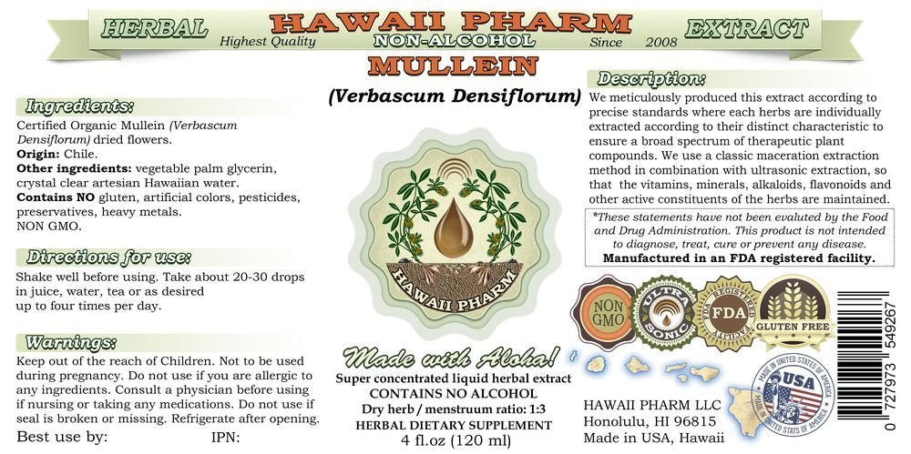 Hawaii Pharm Mullein liquid extract bottle with a professional-grade formula for quick blends.