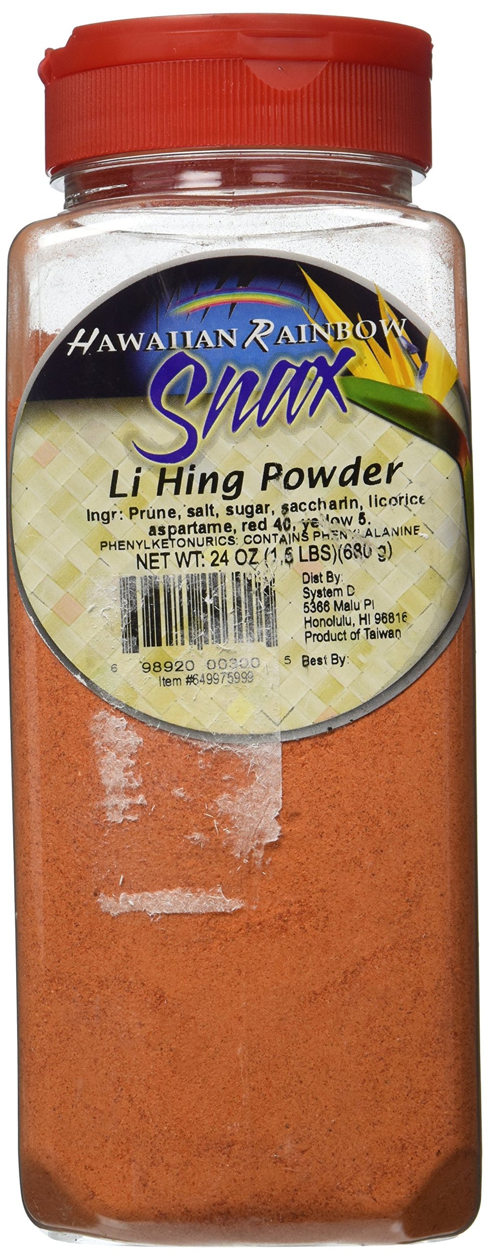 Hawaii Rainbow Snax Li Hing Mui Plum Powder jar with shaker lid for flavoring fruits and snacks