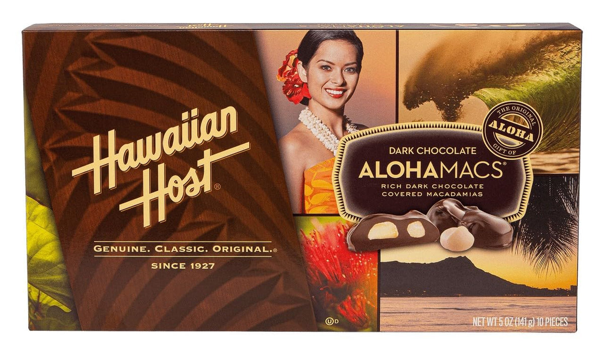 Hawaiian Host AlohaMacs box front with premium dark chocolate macadamias, ideal for gifting.