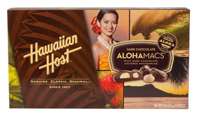Hawaiian Host AlohaMacs box front with premium dark chocolate macadamias, ideal for gifting.