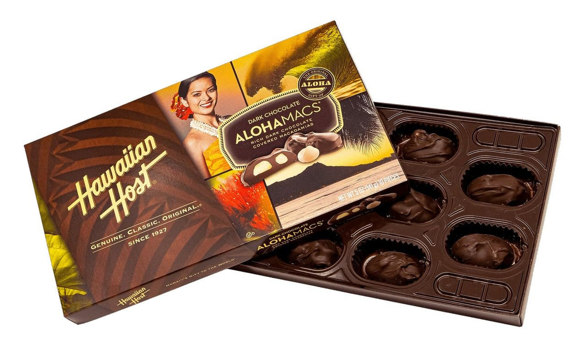Hawaiian Host AlohaMacs box interior with chocolate-covered macadamias for sharing.