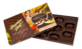 Hawaiian Host AlohaMacs box interior with chocolate-covered macadamias for sharing.