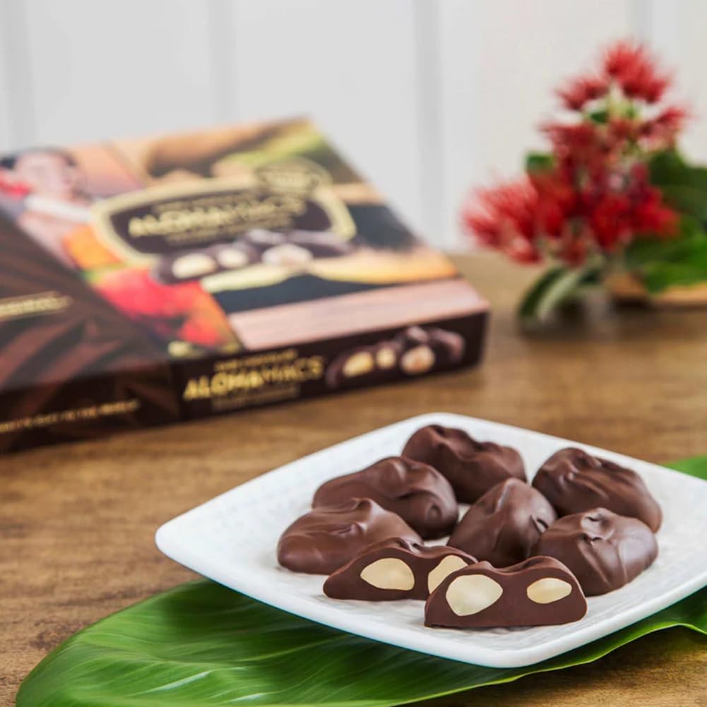 Close-up of glossy dark chocolate coating on macadamias by Hawaiian Host.