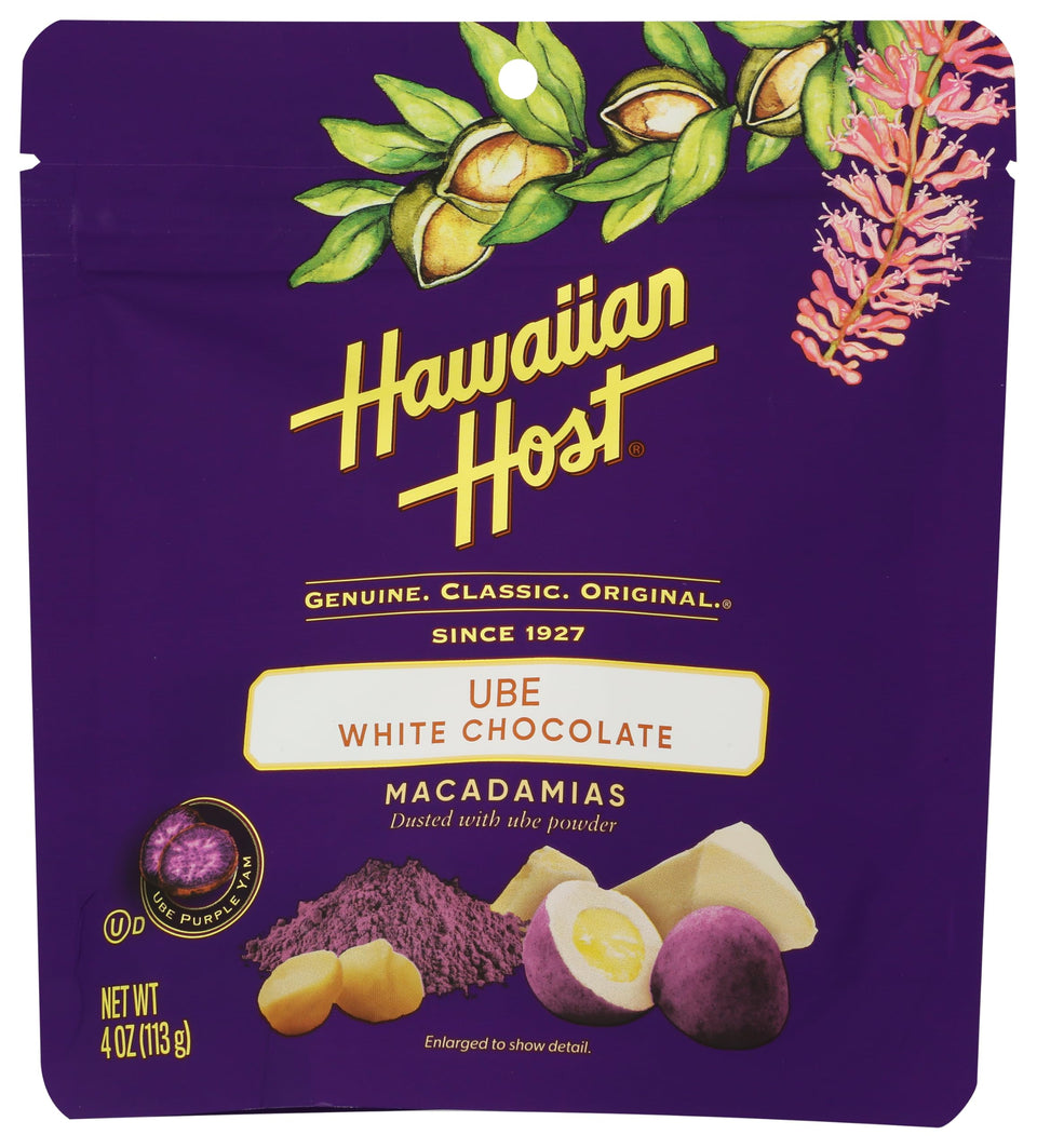 Hawaiian Host Ube white chocolate macadamias in a resealable pouch for snacking