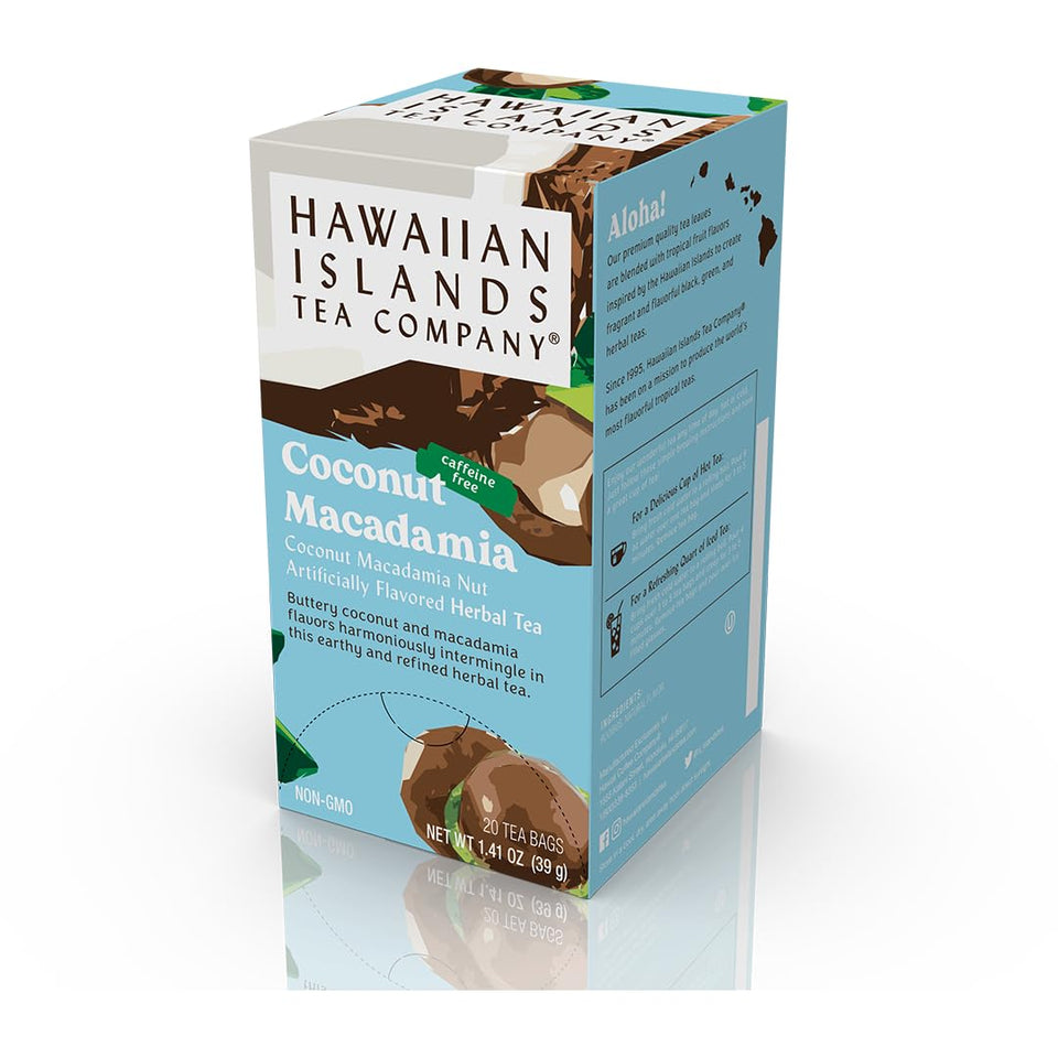 Hawaiian Islands Tea Company Coconut Macadamia herbal tea bag for tropical flavor and caffeine-free relaxation