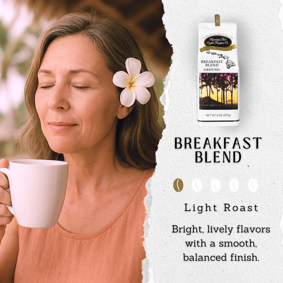 Hawaiian Isles Breakfast Blend coffee bag closeup highlighting premium Arabica beans for smooth flavor.