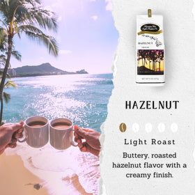Cup steaming with Hazelnut Hawaiian Isles Coffee shows inviting aroma.