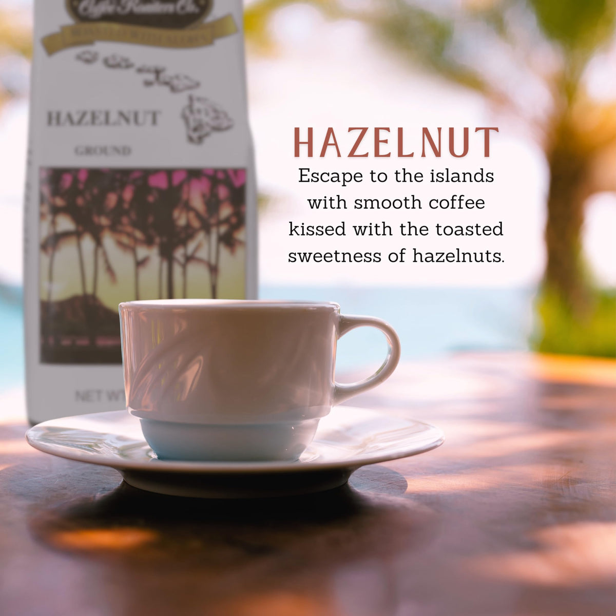 Vacuum-sealed Hawaiian Isles Hazelnut bag preserves freshness.
