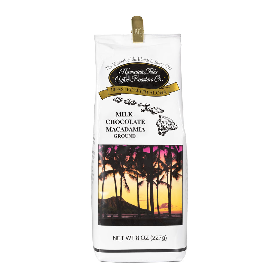 Hawaiian Isles Coffee Milk Chocolate Macadamia flavor ground coffee with indulgent aroma for cozy mornings