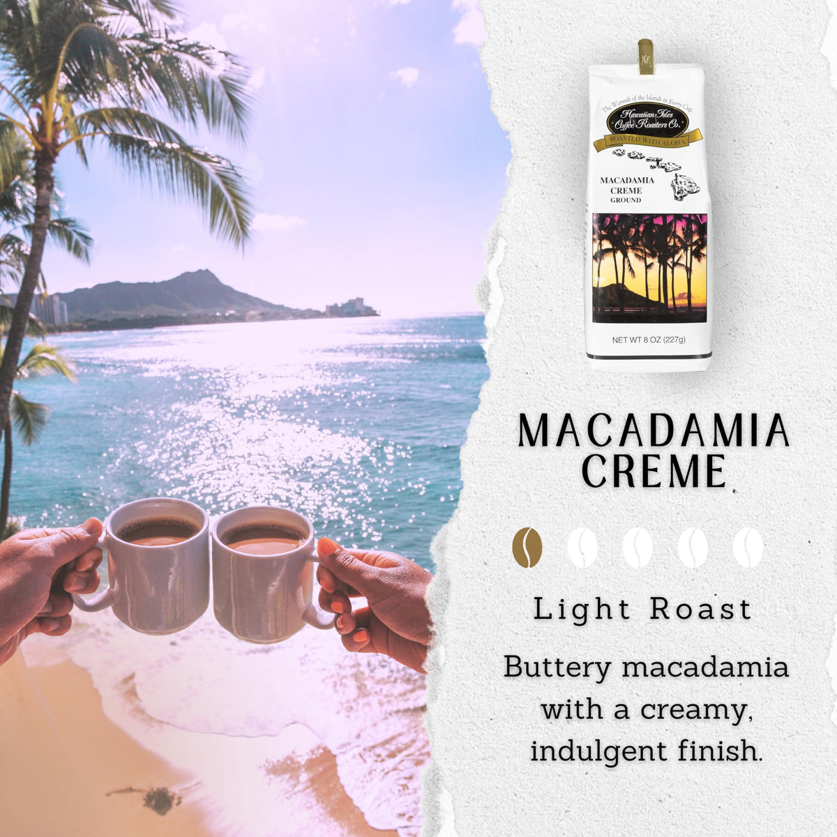 Hawaiian Isles Macadamia Creme bag back label detailing flavor and origin
