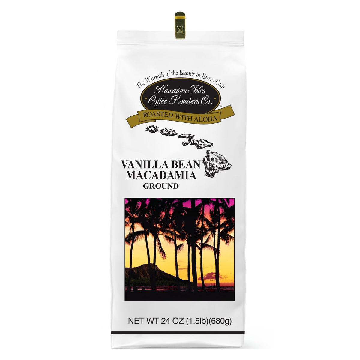 Hawaiian Isles Vanilla Bean Macadamia coffee bag with rich aroma for mornings.
