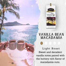 Closeup of Hawaiian Isles Vanilla Bean Macadamia coffee beans showing premium Arabica quality.