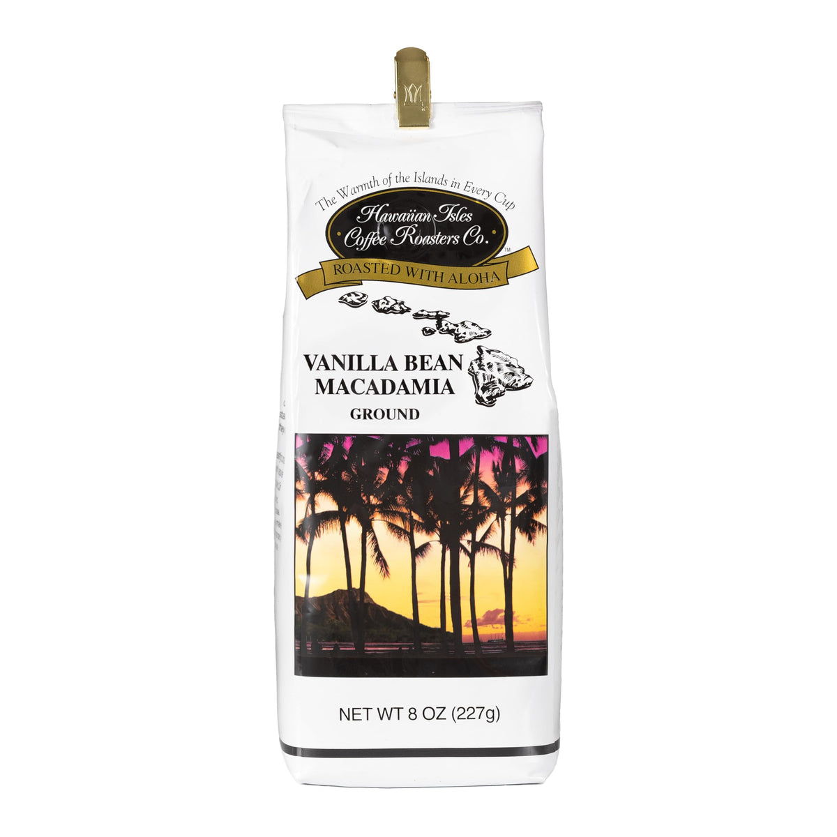 Hawaiian Isles Vanilla Bean Macadamia coffee pack showing premium Arabica beans and vanilla notes.