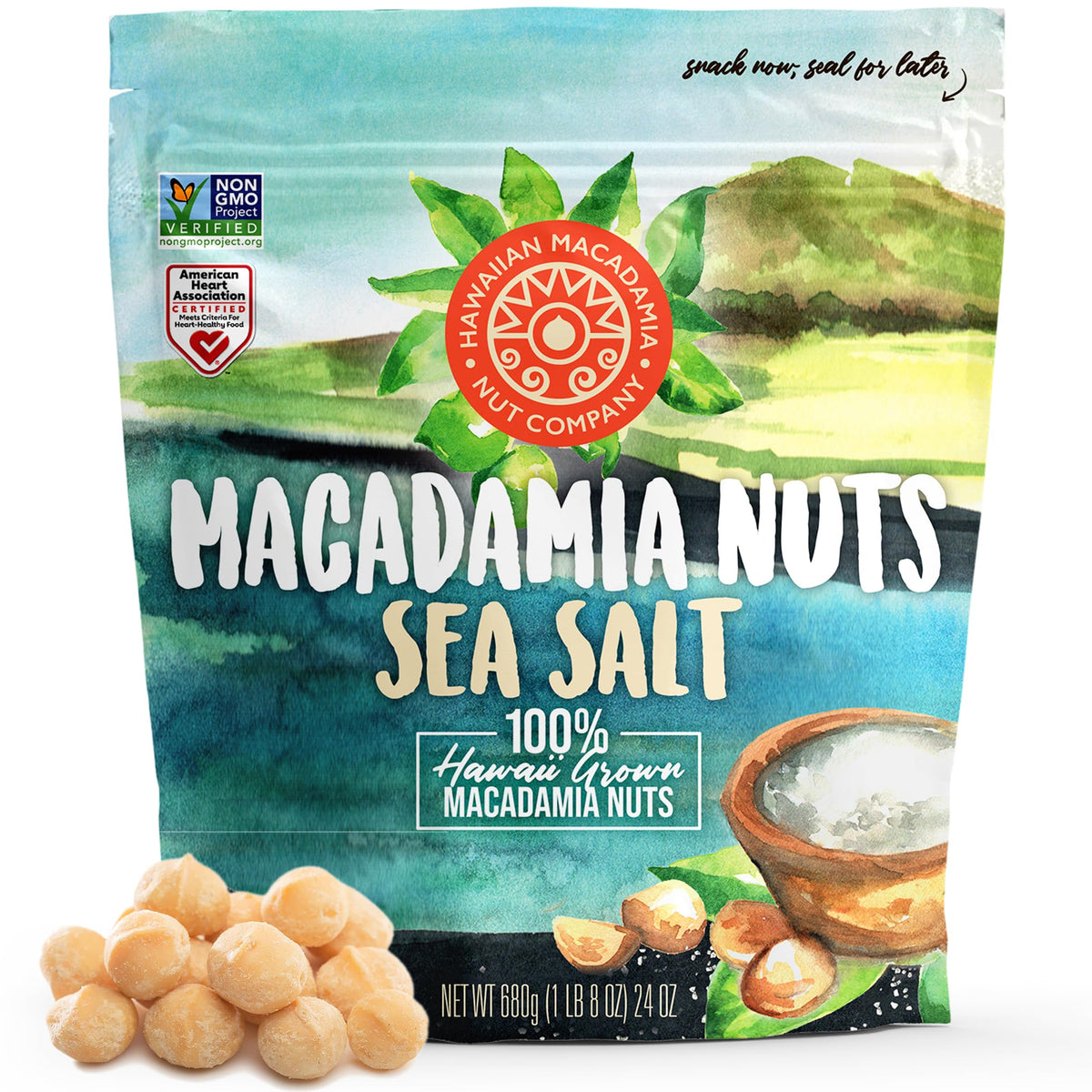 Hawaiian Macadamia Nut Company dry-roasted sea-salt nuts in a 24oz bag delivering a crave-worthy crunch