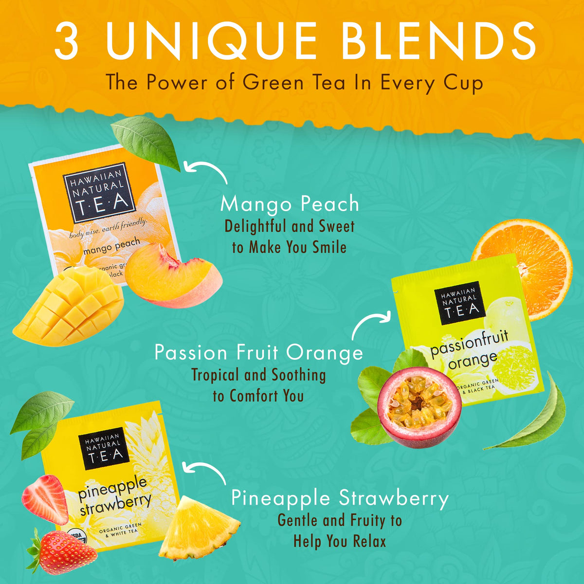 Hawaiian Natural Tea black passionfruit-orange bag delivers bold tropical notes