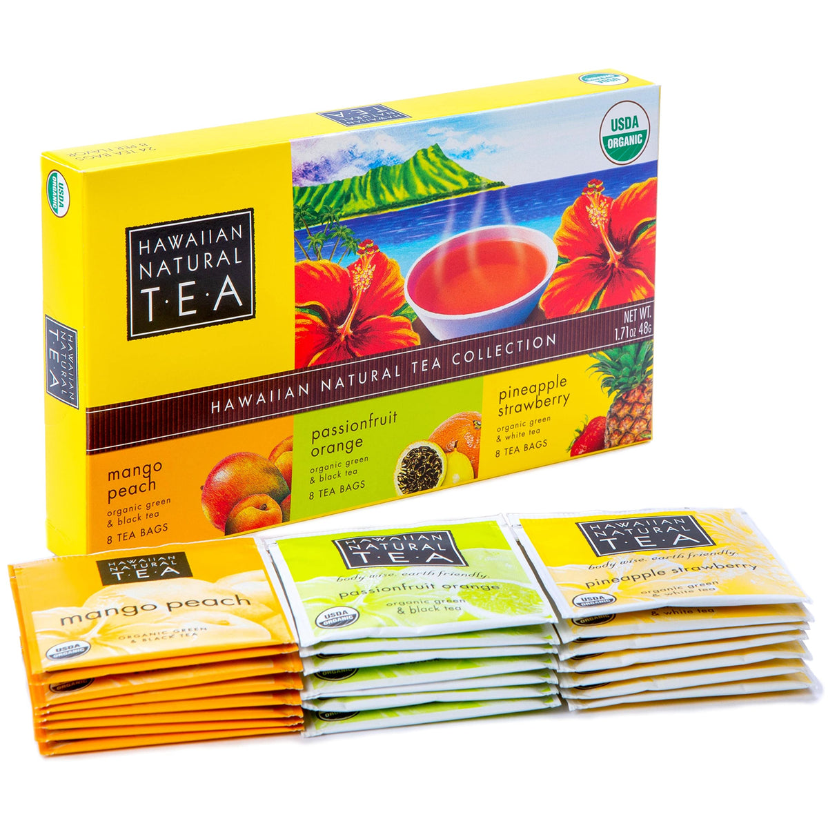 Hawaiian Natural Tea sampler box front, perfect for gifting tropical flavors