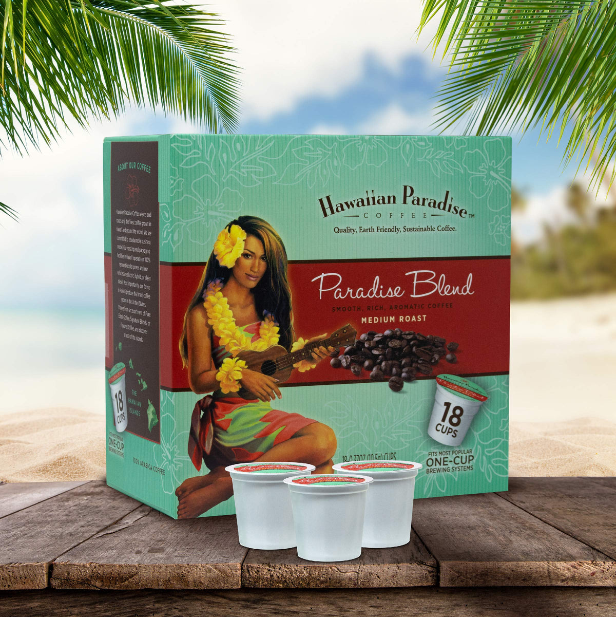 Hawaiian Paradise Coffee Cups brew scene with aroma highlight and Earth-friendly sourcing
