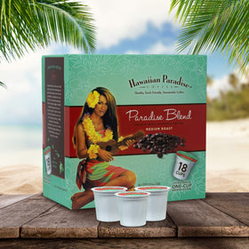 Hawaiian Paradise Coffee Cups brew scene with aroma highlight and Earth-friendly sourcing