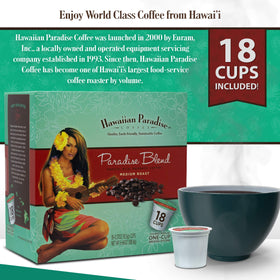 Hawaiian Paradise Coffee Cups near Keurig brewer, showcasing easy mornings and compatibility