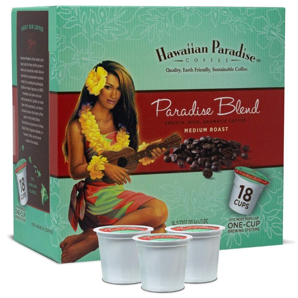 Hawaiian Paradise Coffee Cups Paradise Blend pack close-up for a smooth medium roast experience