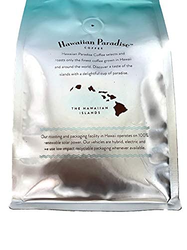 Hawaiian Paradise Coffee Ground bag label close-up noting Paradise Roast and sustainability