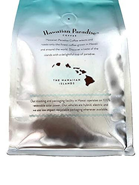 Hawaiian Paradise Coffee Ground bag label close-up noting Paradise Roast and sustainability