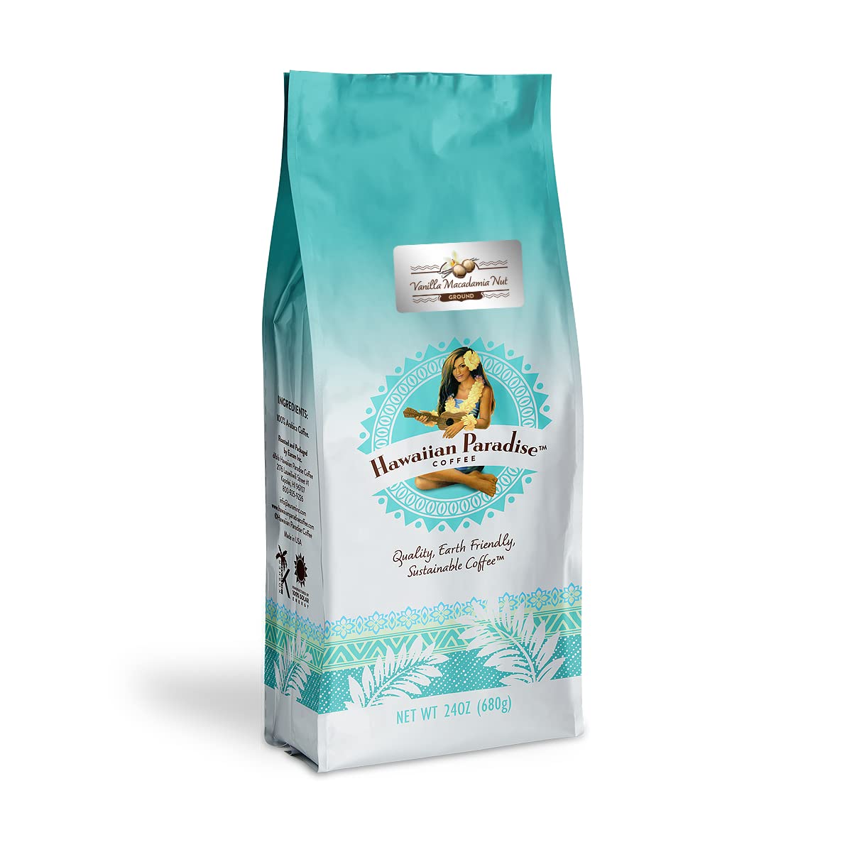 Hawaiian Paradise Vanilla Macadamia Nut ground coffee bag for a fragrant morning ritual.