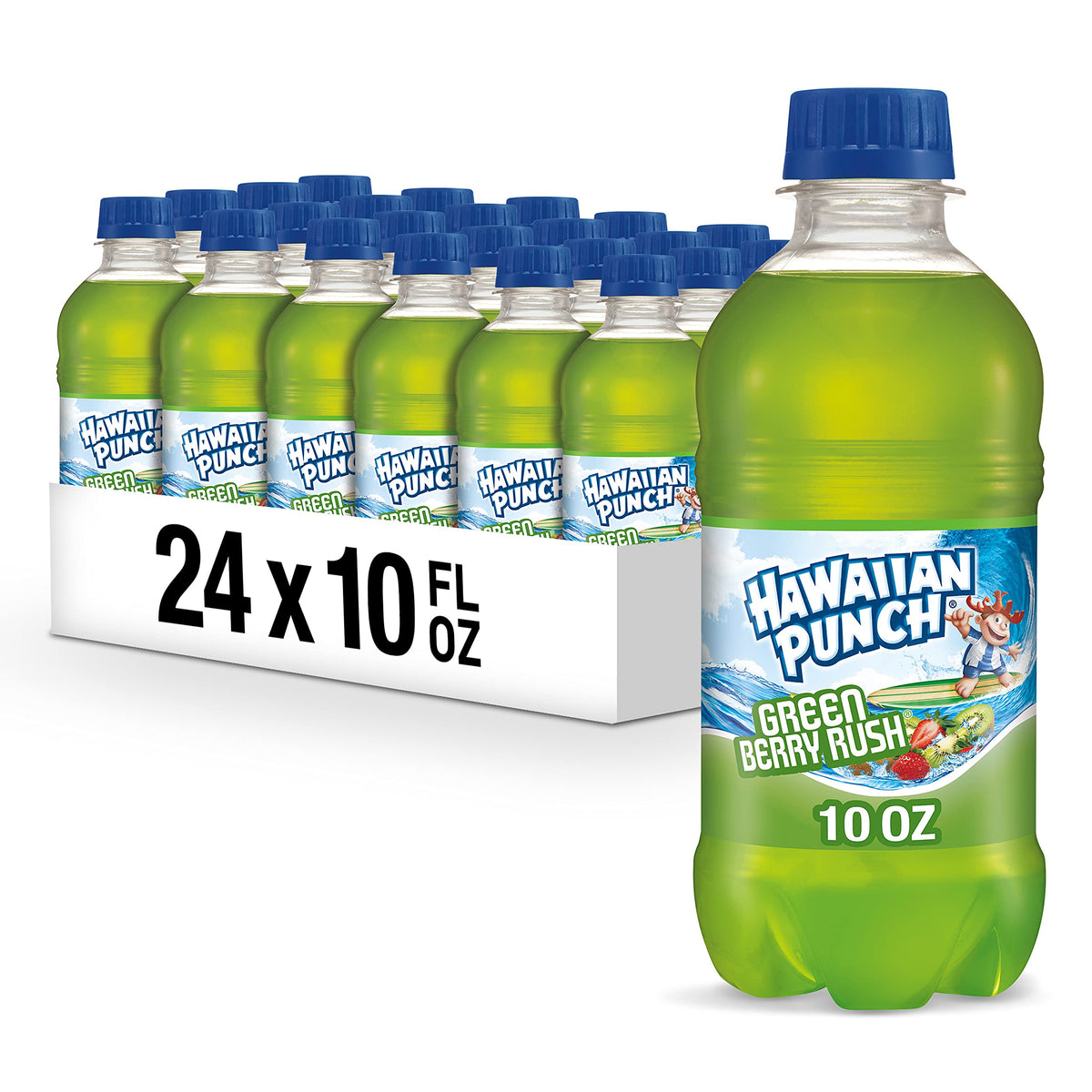 Hawaiian Punch Green Berry Rush bottle highlighting tropical flavor and vitamin C.
