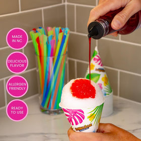 Hawaiian Shaved Ice Grape syrup bottle side view, ready to pour into treats.