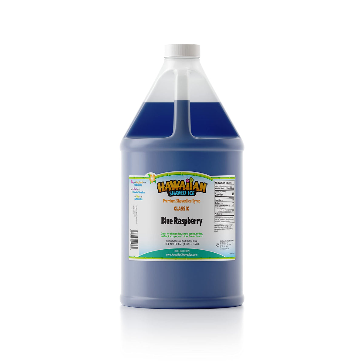 Hawaiian Shaved Ice Blue Raspberry Syrup bottle label for easy home flavoring.
