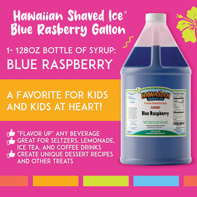 Hawaiian Shaved Ice Blue Raspberry Syrup pouring into a snow cone for a refreshing treat.