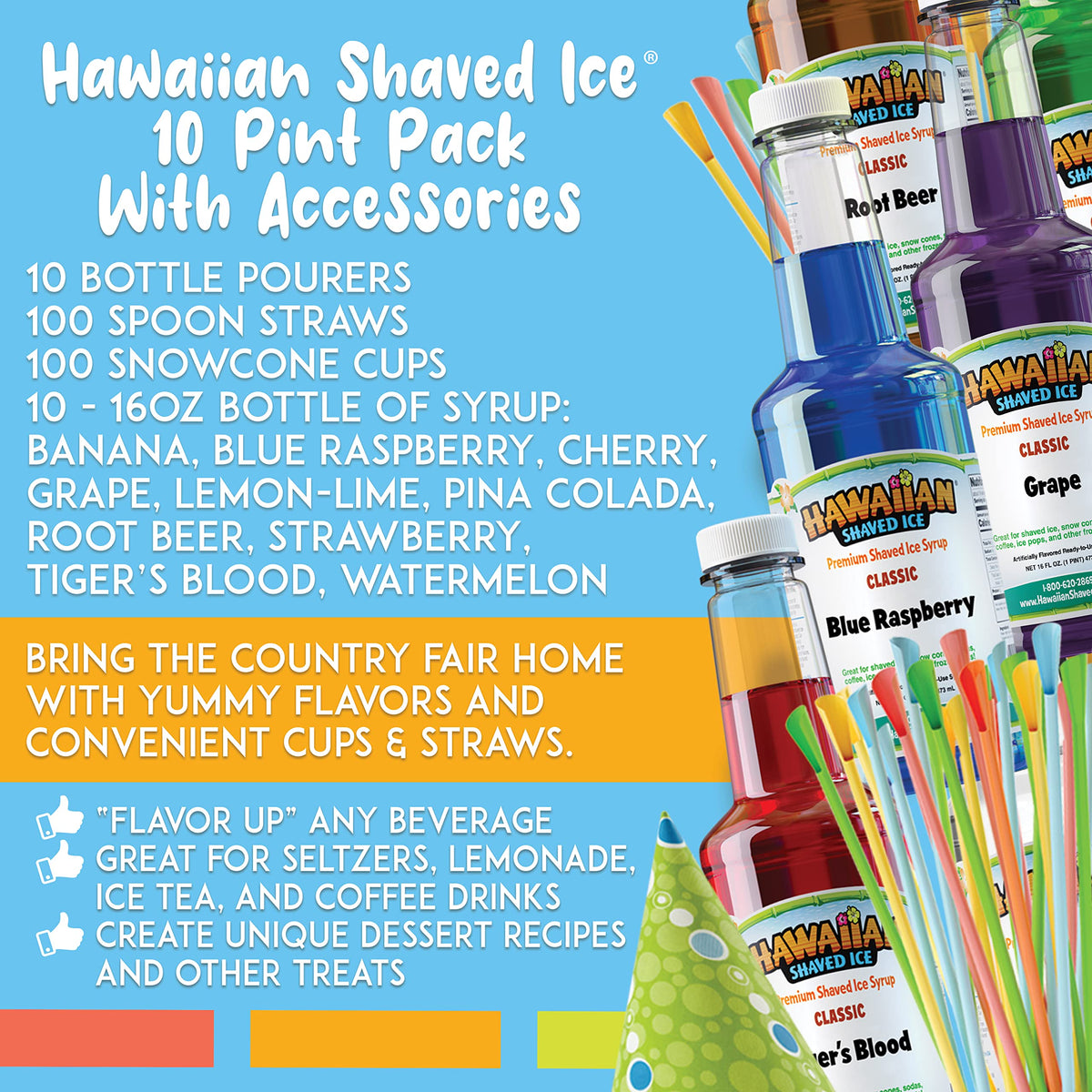 Hawaiian Shaved Ice pour spouts attached for mess-free flavoring