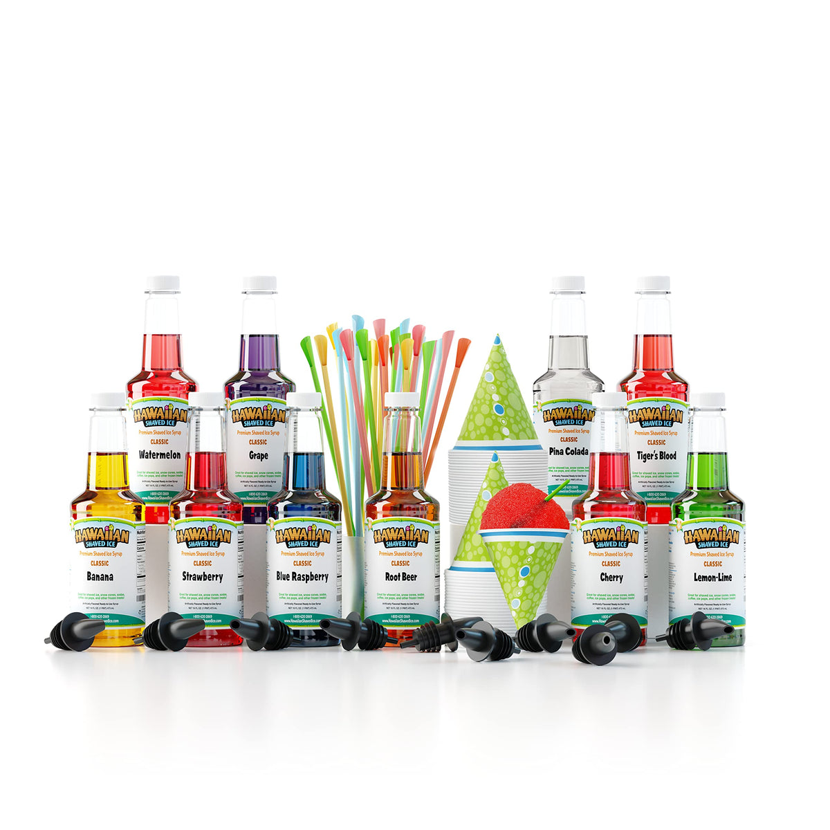 Hawaiian Shaved Ice syrup assortment bottles ready for quick snow cones
