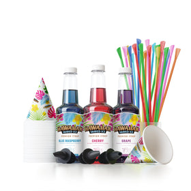 Hawaiian Shaved Ice syrup assortment with 3 flavors and pour spouts for easy flavoring