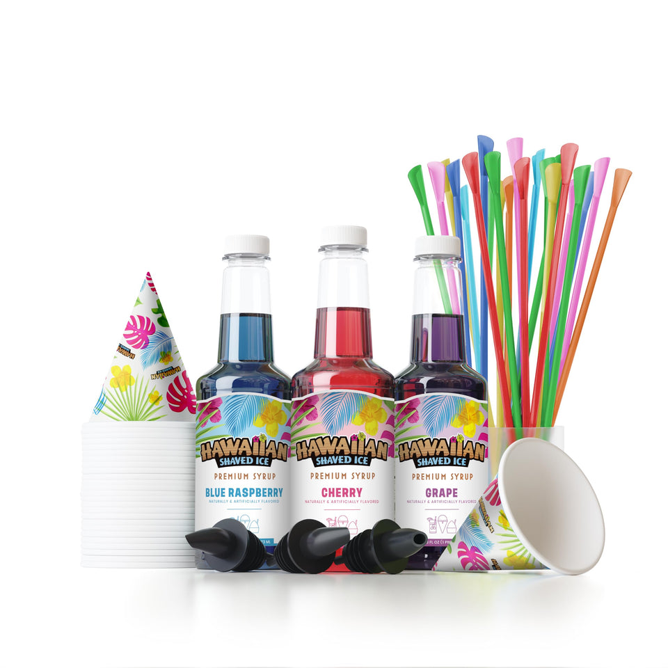 Hawaiian Shaved Ice syrup assortment with 3 flavors and pour spouts for easy flavoring