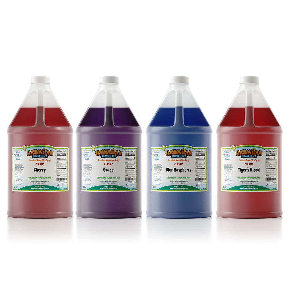 Hawaiian Shaved Ice Cherry syrup bottle for flavorful snow cones at parties.