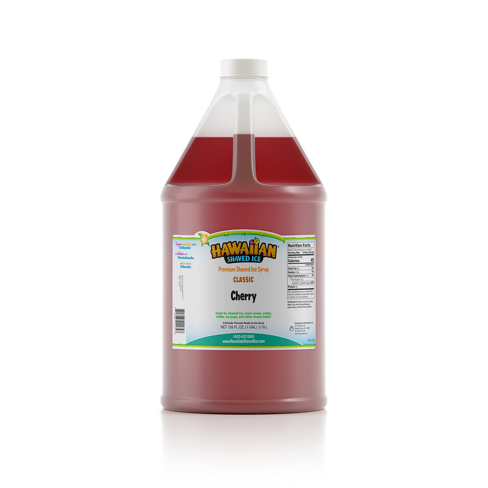 Hawaiian Shaved Ice Cherry gallon bottle ready for easy snow cone flavoring.