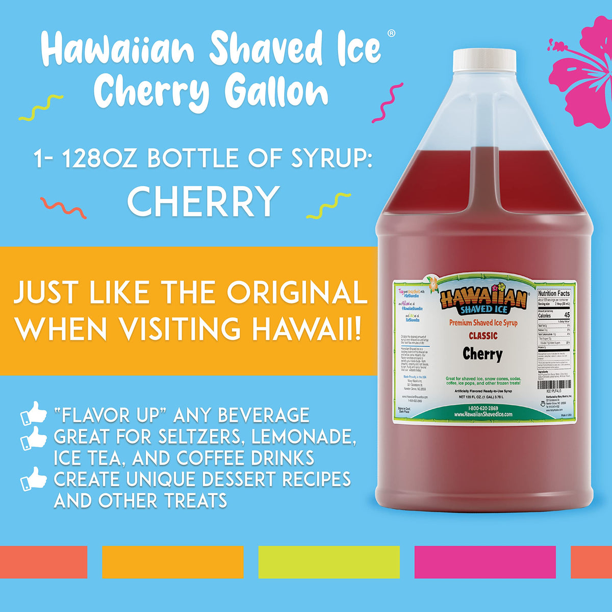 Pour a cherry shaved ice syrup from the gallon bottle for crowds.