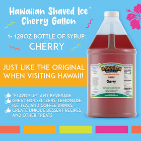Pour a cherry shaved ice syrup from the gallon bottle for crowds.