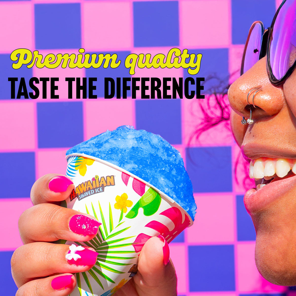 Hawaiian Shaved Ice blue raspberry syrup bottle; enhances slushies and summer treats.