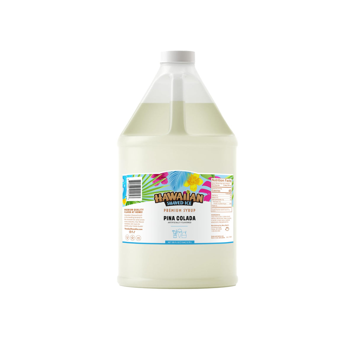 Hawaiian Shaved Ice Pina Colada bottle on white display for quick serving.