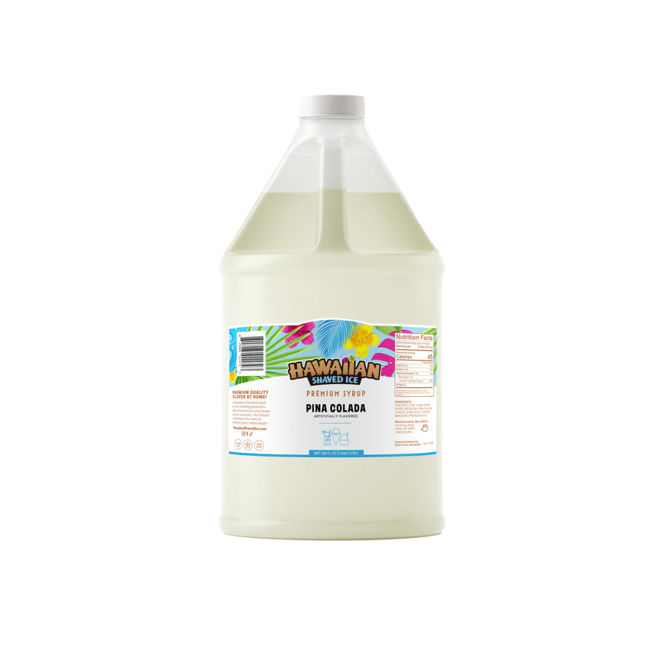 Hawaiian Shaved Ice Pina Colada bottle on white display for quick serving.