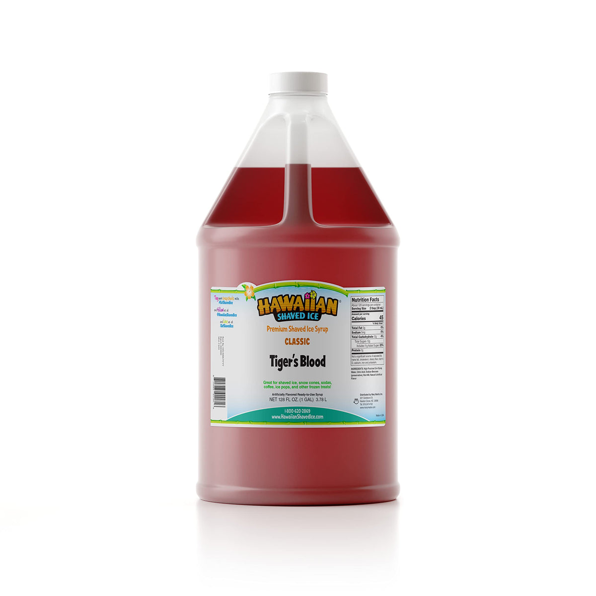 Hawaiian Shaved Ice Tiger's Blood syrup gallon front view for easy party prep.