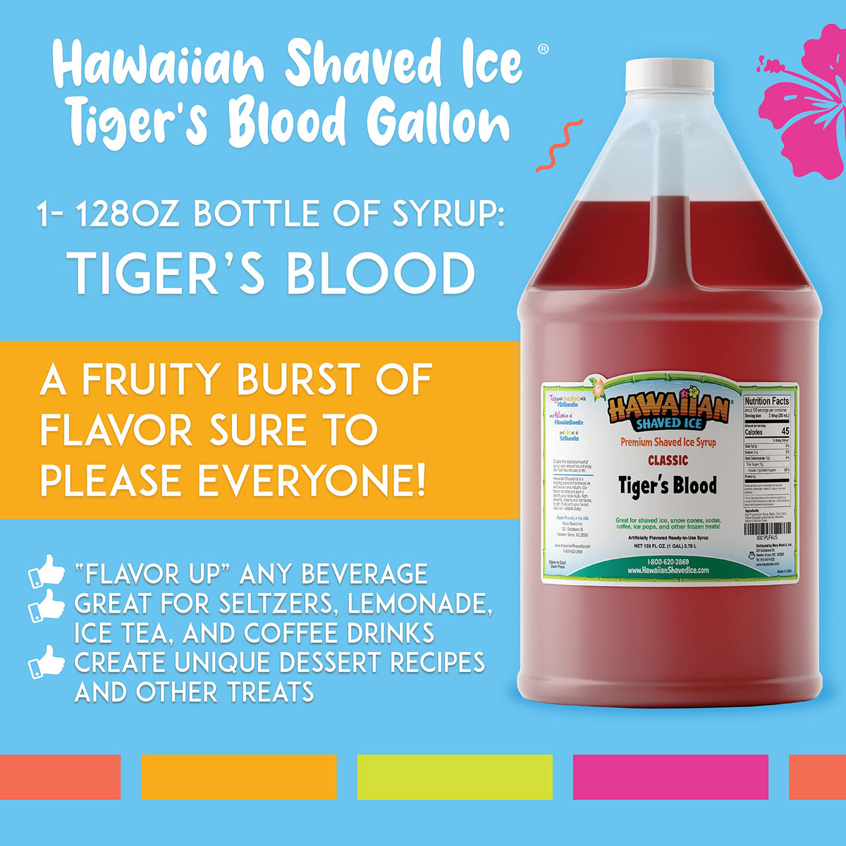 Tiger's Blood syrup pour bottle demonstrates mess-free dispensing for slushies and treats.