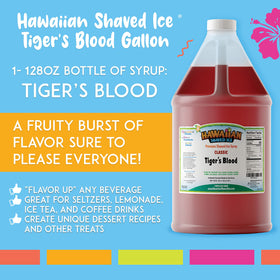 Tiger's Blood syrup pour bottle demonstrates mess-free dispensing for slushies and treats.