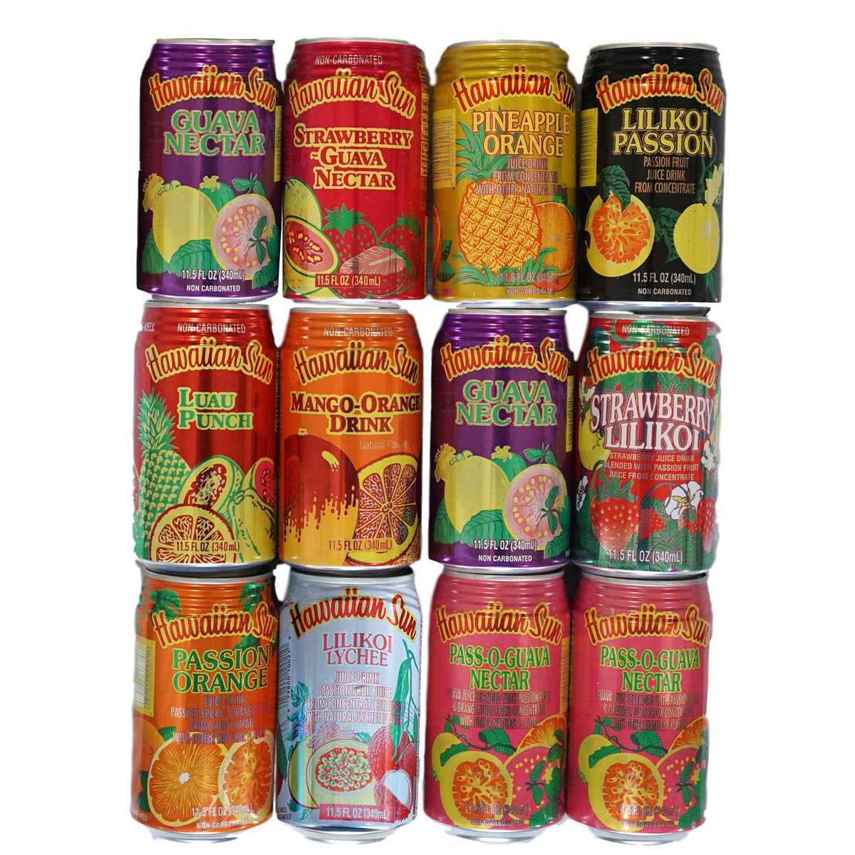 Hawaiian Sun 12-flavor juice collection on table for poolside refreshment.